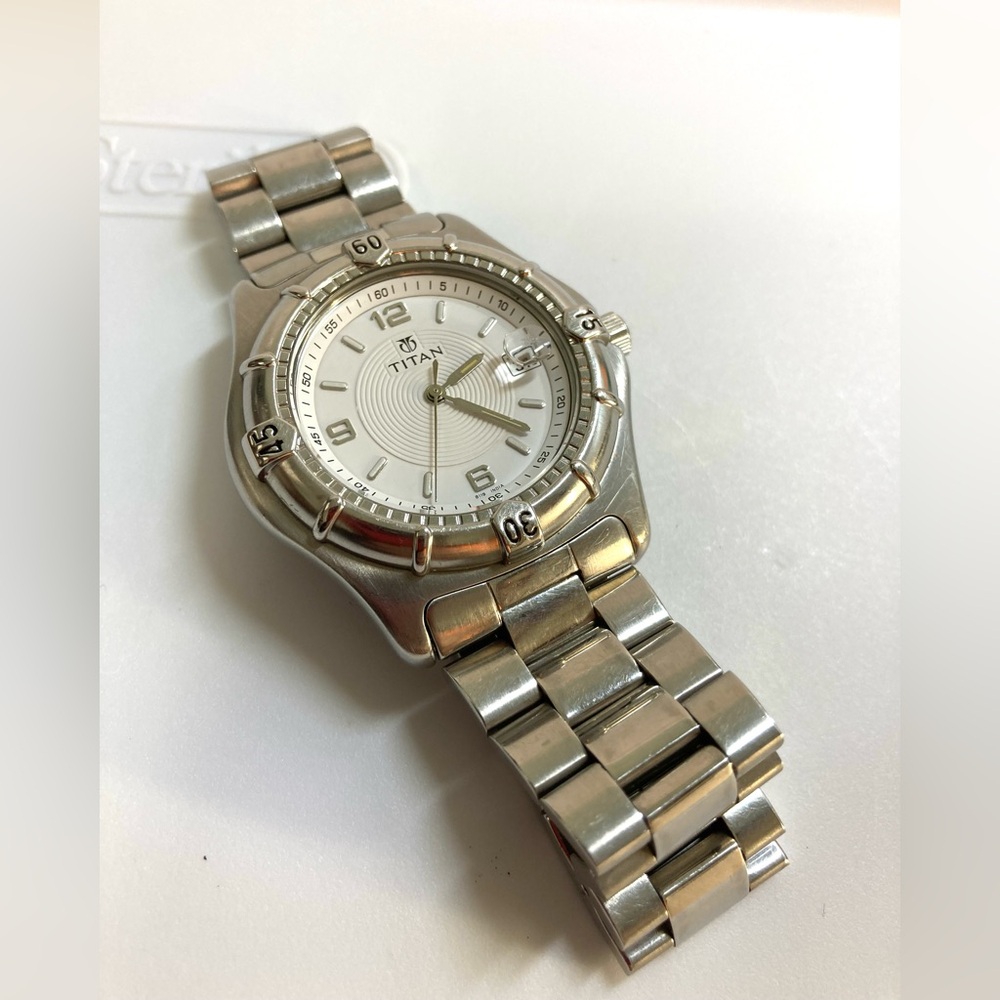 Mens Titan white watch, butterfly clasp bracelet, all stainless steel, 514SD3